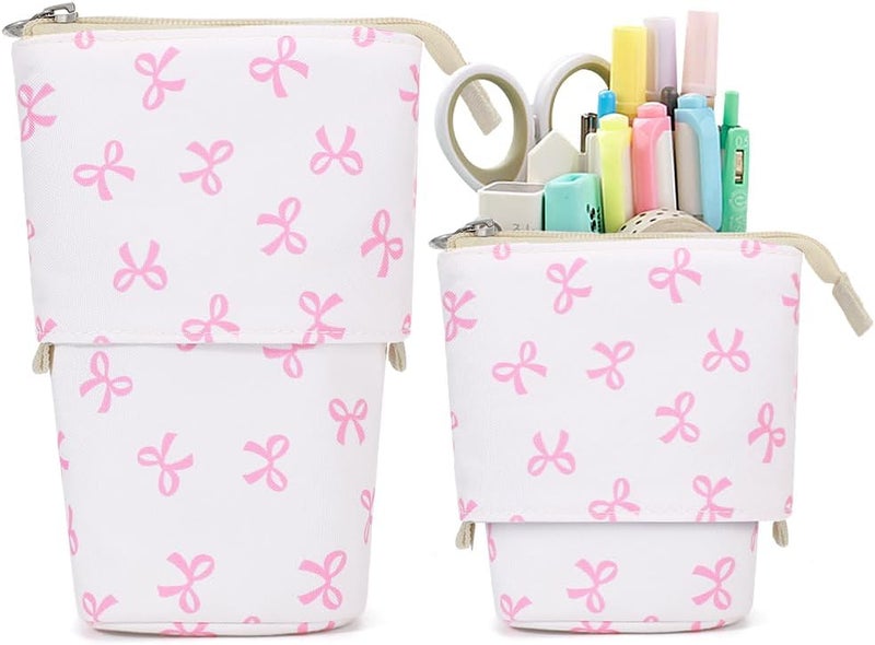 KPX Cute Standing Pencil Case Pen Holder for Kids, Pop Up Stand UP Bubble Tea Pen Organizer Kawaii Stationary for Christmas Holiday New Year Office (Bow) - Image 1